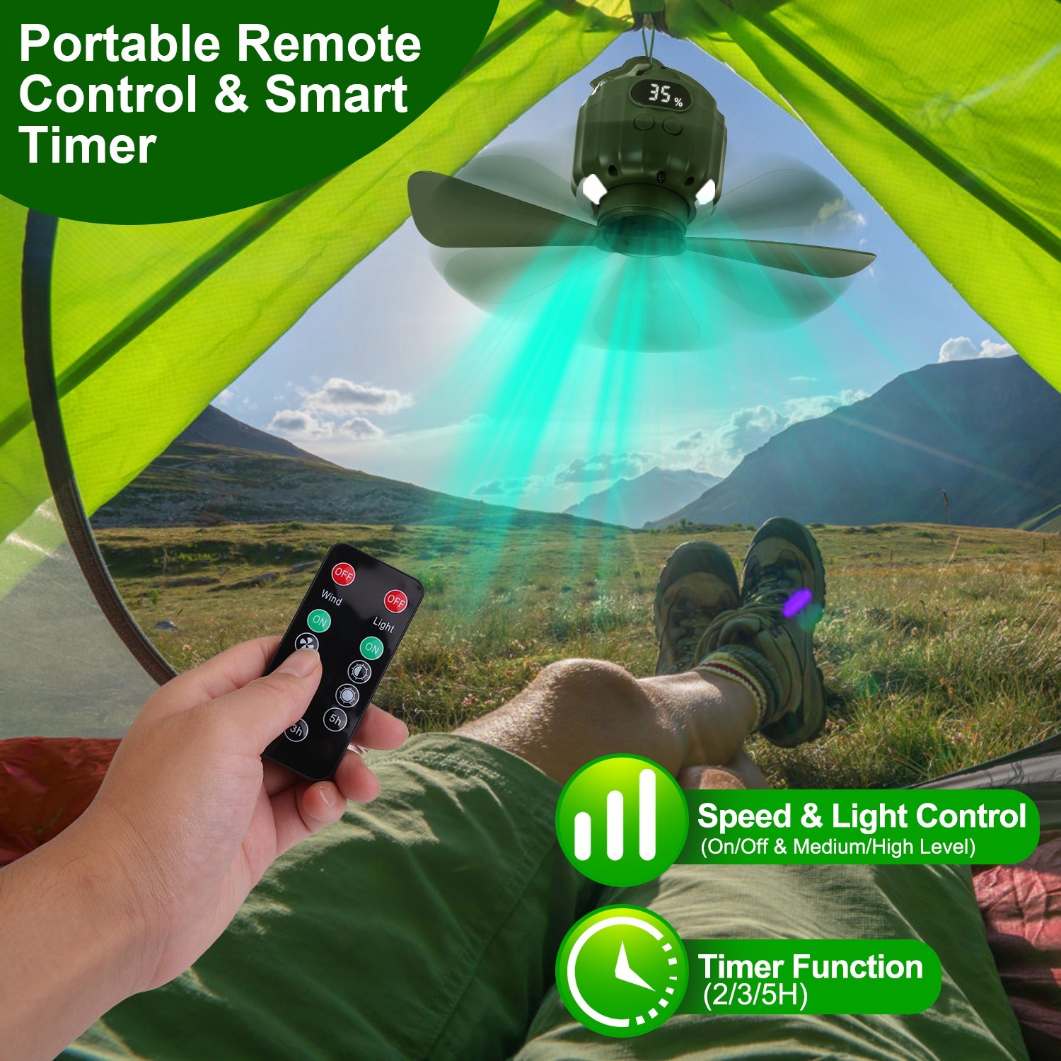 3-in-1 Camping Fan With LED Lantern, Hanging Tent Fan 3 Wind Speeds, Remote Control Timer, USB Power Bank, Low Noise Rechargeable Fan With Battery Display, Detachable Blades For Outdoor Indoor Use - Image 6