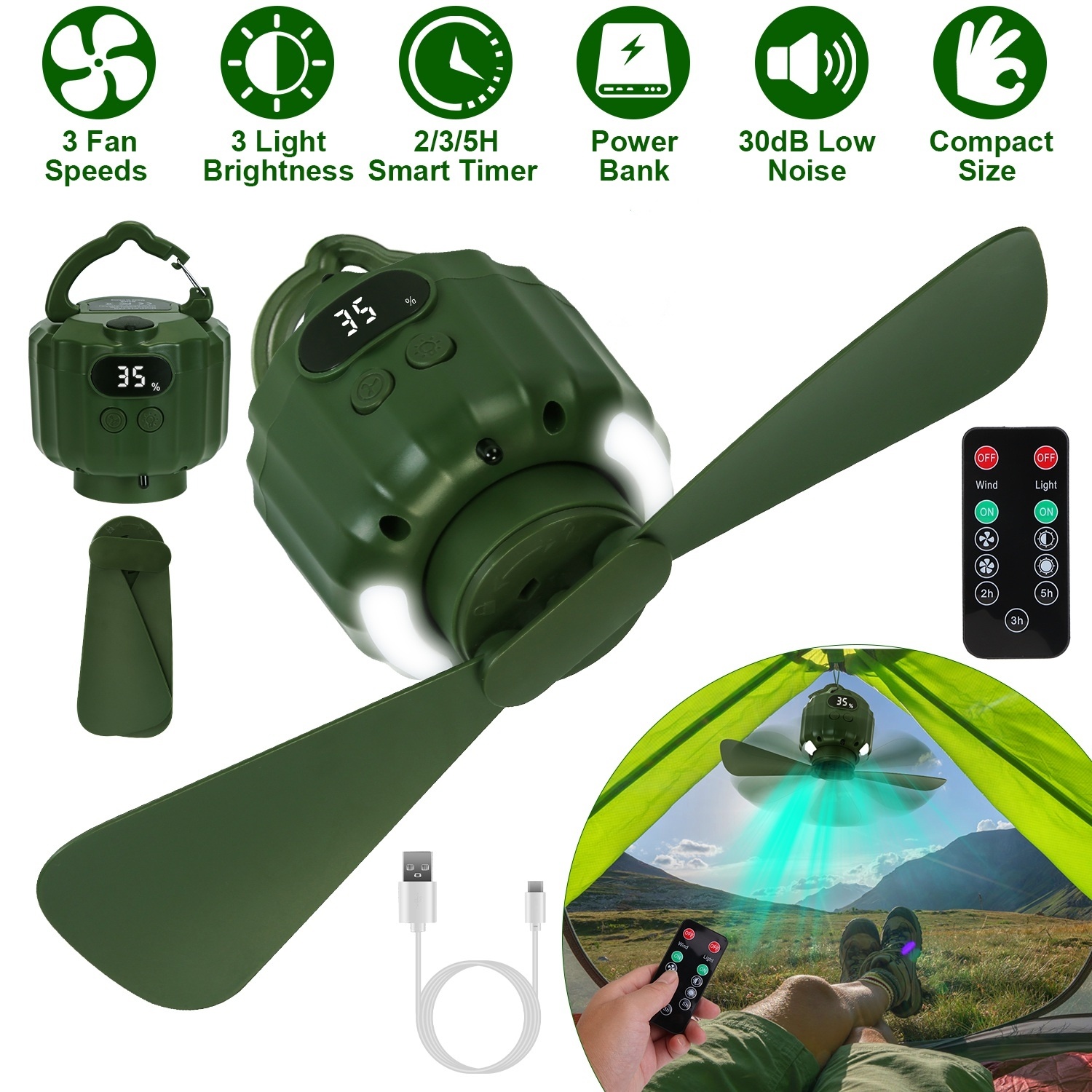 3-in-1 Camping Fan With LED Lantern, Hanging Tent Fan 3 Wind Speeds, Remote Control Timer, USB Power Bank, Low Noise Rechargeable Fan With Battery Display, Detachable Blades For Outdoor Indoor Use - Image 5